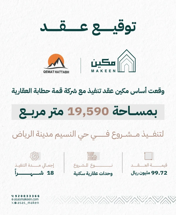 أساس مكين تعلن توقيع عقد تنفيذ مع شركة قمة حطابة العقارية