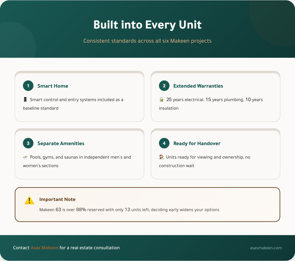 Infographic highlighting Makeen apartment features: smart home system, extended warranties (25 years electrical, 15 years plumbing, 10 years insulation), separate pools, gyms, and saunas for men and women, and units ready for immediate handover. Includes note that Makeen 63 is 88% reserved with 13 units left.