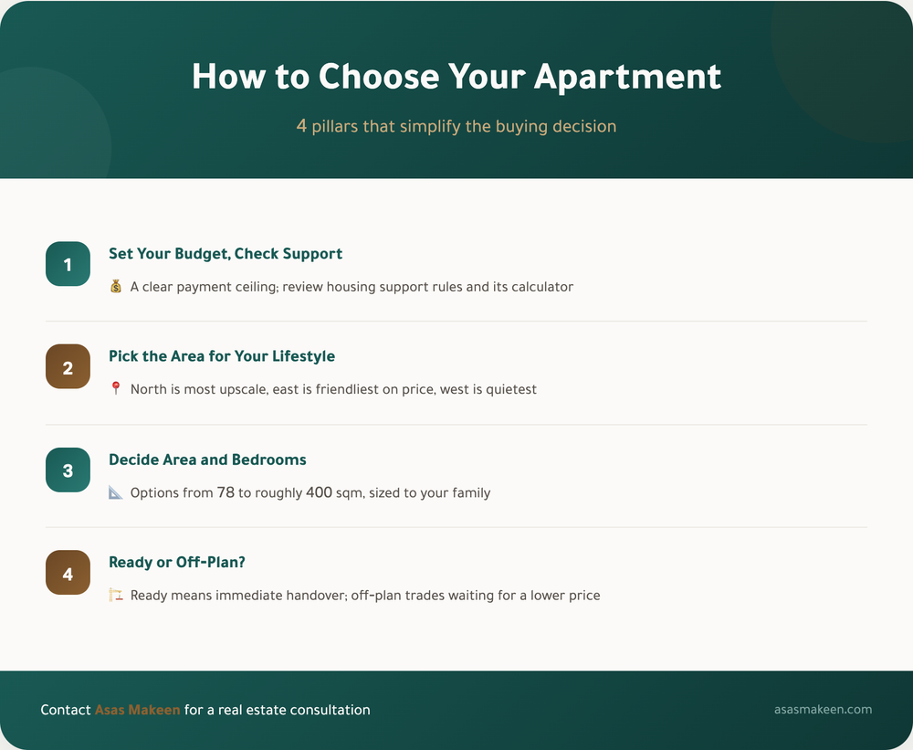 Apartments for Sale in Riyadh 2026: A Guide to Asas Makeen's Projects (Districts and Prices) Infographic showing 4 steps to choose an apartment: 1) Set your budget and check housing support, 2) Pick an area based on lifestyle, 3) Decide the area and number of bedrooms, 4) Choose between ready or off-plan options.