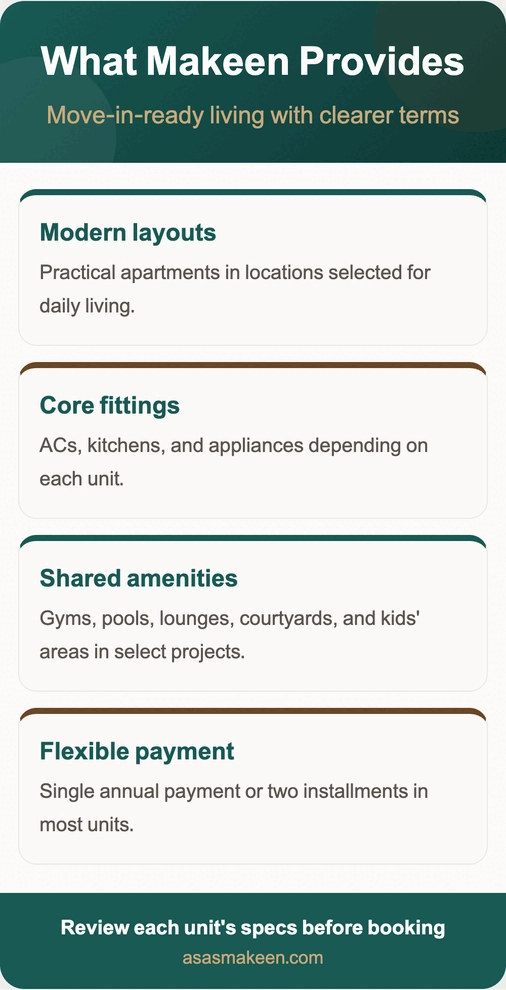 Infographic highlighting Makeen’s offerings: modern layouts in practical locations, core fittings with ACs and appliances, shared amenities like gyms, pools, and lounges, and flexible payment options with annual or two-installment plans.